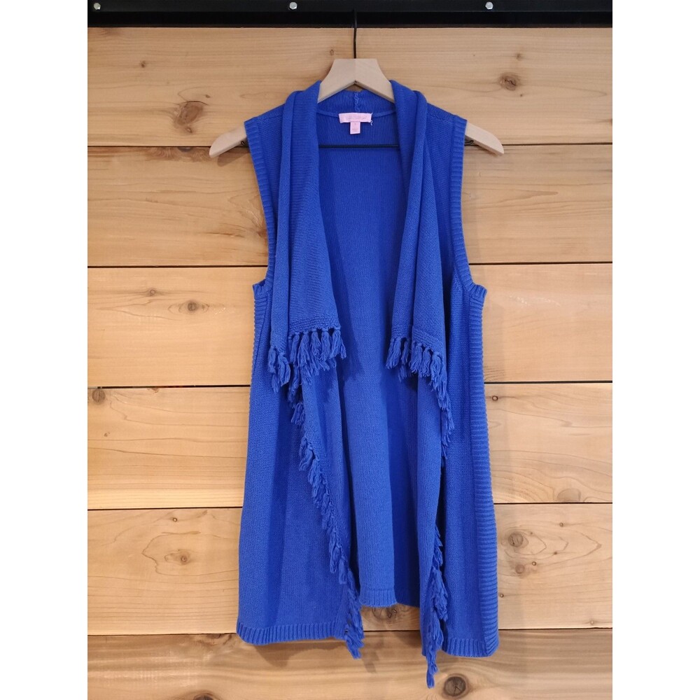 LILLY PULITZER ABBOTT COTTON SWEATER VEST BOMBER BLUE FRINGE OPEN FRONT SZ SMALL